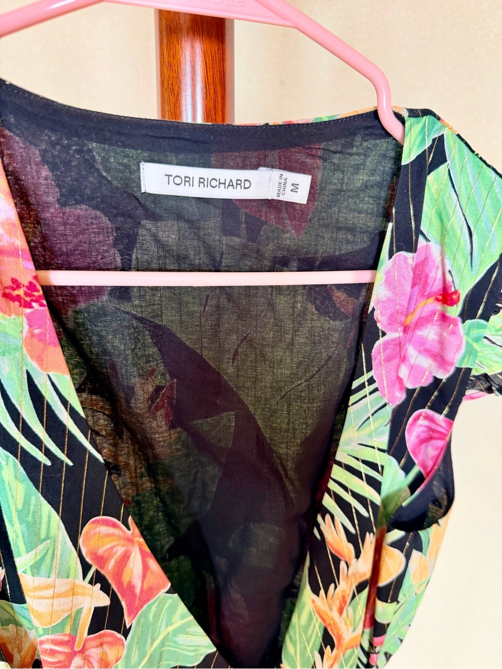 Tori Richard Black Tropical Floral Wrap-Style Dress with Pink and Green Accents - Picture 3 of 3